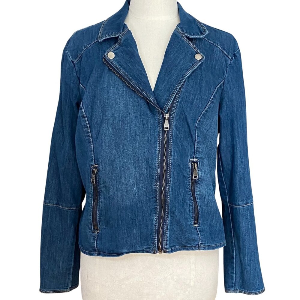 Kate & Mallory Denim Asymmetrical Zip Moto Jacket Blue Jean Biker Edgy Rocker-L
